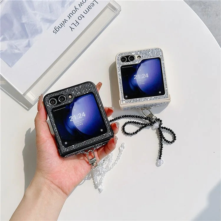 For Samsung Galaxy Z Flip5 5G Case Sequins Decor PC Phone Cover with Beaded Bowknot Pendant
