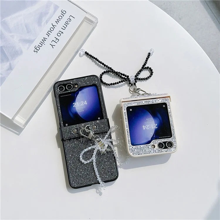 For Samsung Galaxy Z Flip5 5G Case Sequins Decor PC Phone Cover with Beaded Bowknot Pendant