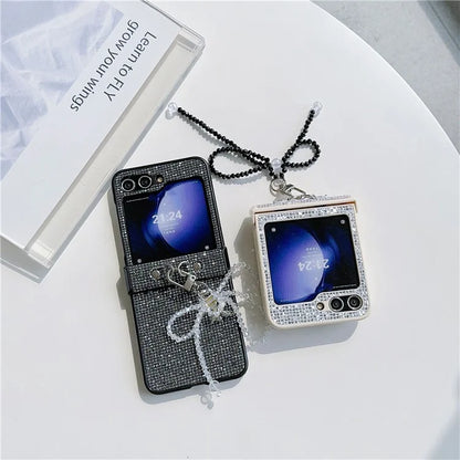 For Samsung Galaxy Z Flip5 5G Case Sequins Decor PC Phone Cover with Beaded Bowknot Pendant