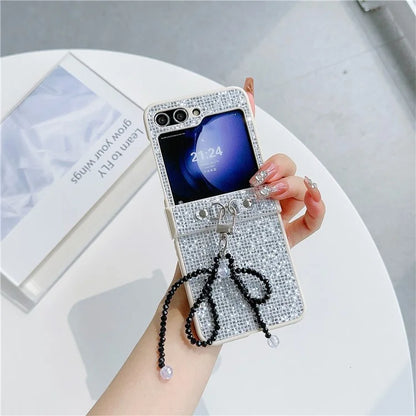 For Samsung Galaxy Z Flip5 5G Case Sequins Decor PC Phone Cover with Beaded Bowknot Pendant
