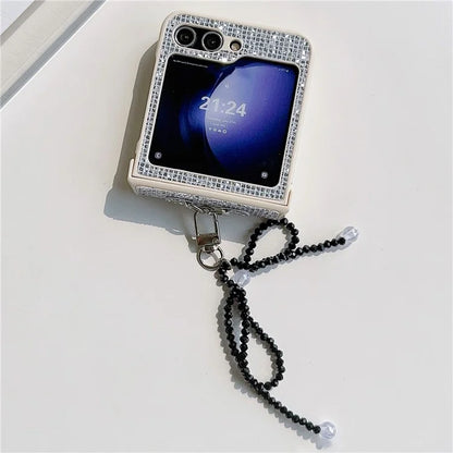 For Samsung Galaxy Z Flip5 5G Case Sequins Decor PC Phone Cover with Beaded Bowknot Pendant