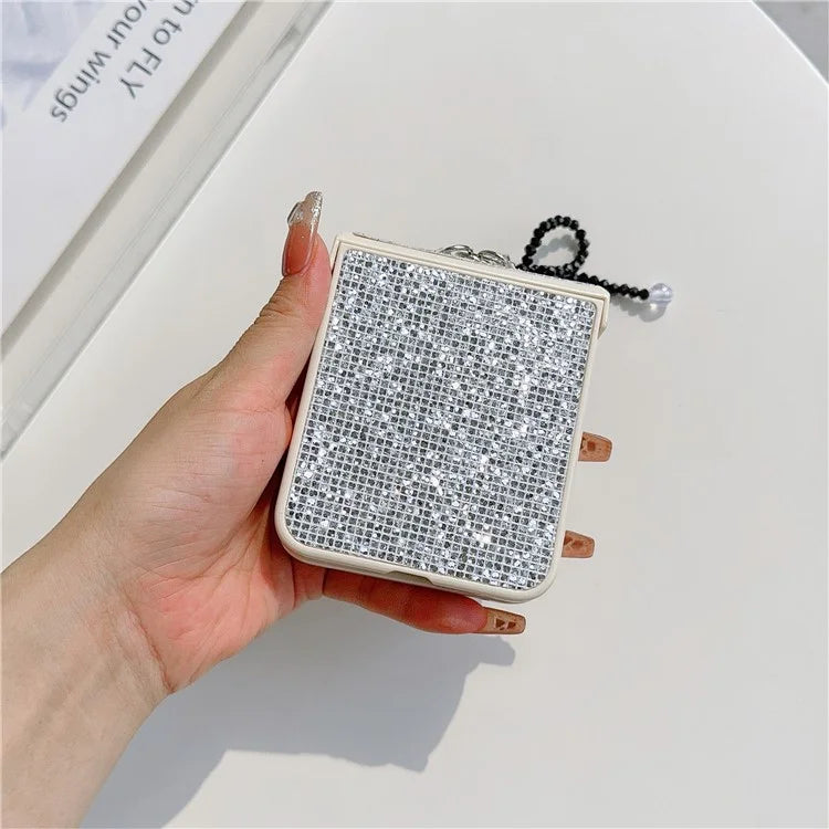 For Samsung Galaxy Z Flip5 5G Case Sequins Decor PC Phone Cover with Beaded Bowknot Pendant