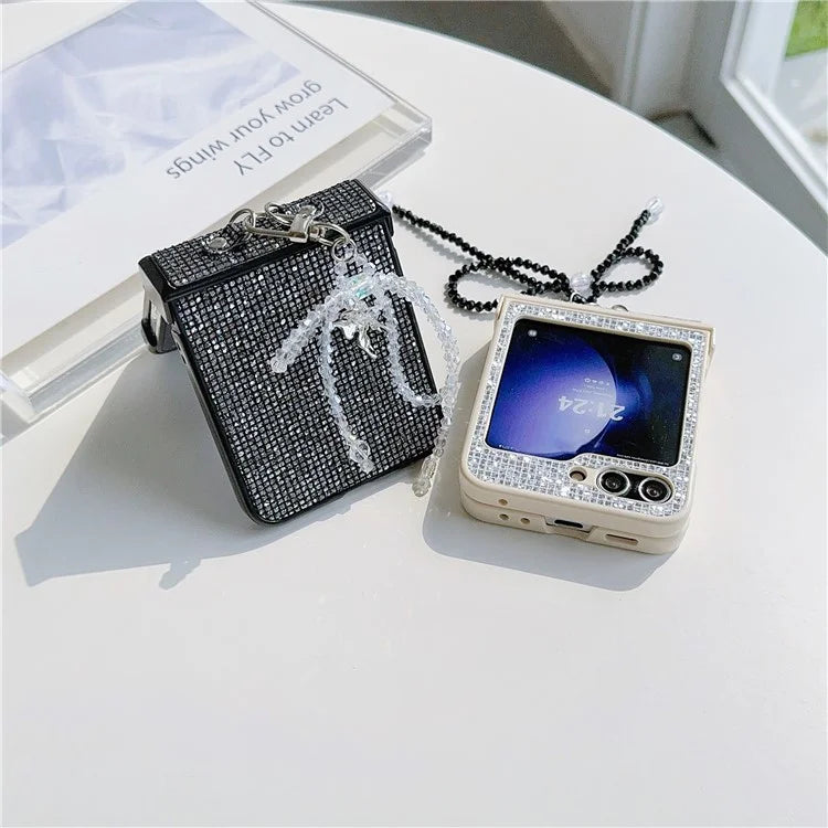 For Samsung Galaxy Z Flip5 5G Case Sequins Decor PC Phone Cover with Beaded Bowknot Pendant