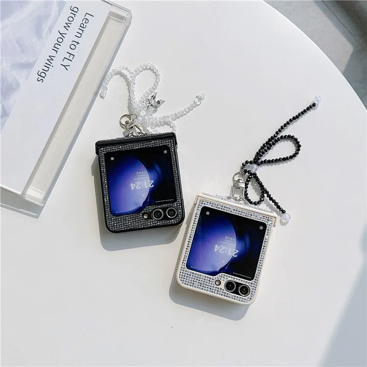 For Samsung Galaxy Z Flip5 5G Case Sequins Decor PC Phone Cover with Beaded Bowknot Pendant