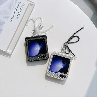 For Samsung Galaxy Z Flip5 5G Case Sequins Decor PC Phone Cover with Beaded Bowknot Pendant