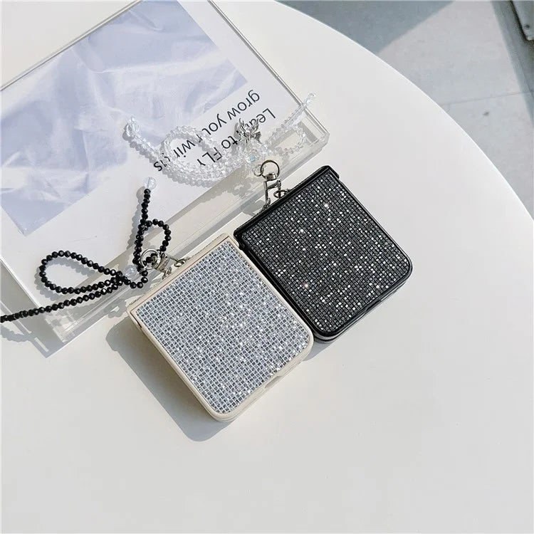 For Samsung Galaxy Z Flip5 5G Case Sequins Decor PC Phone Cover with Beaded Bowknot Pendant