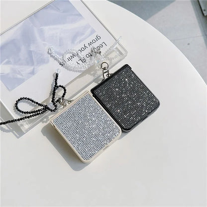 For Samsung Galaxy Z Flip5 5G Case Sequins Decor PC Phone Cover with Beaded Bowknot Pendant