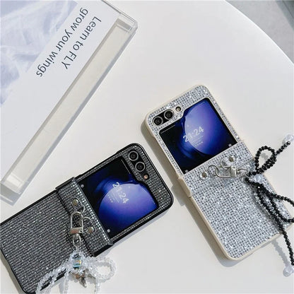For Samsung Galaxy Z Flip5 5G Case Sequins Decor PC Phone Cover with Beaded Bowknot Pendant