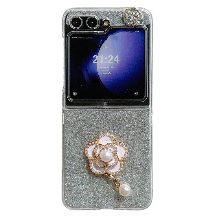 For Samsung Galaxy Z Flip5 5G Case Pearl Pendant Camellia Decor PC Phone Cover with Glitter Paper