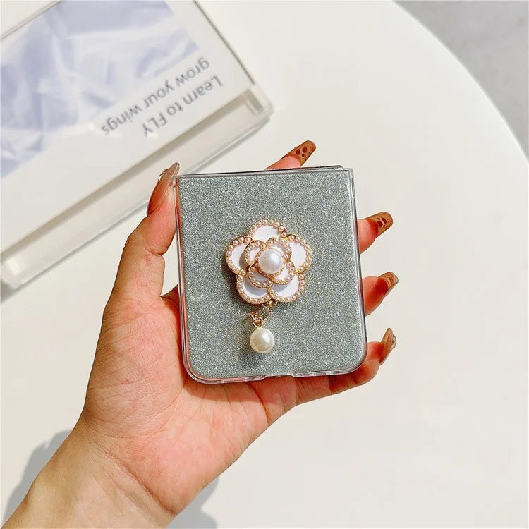 For Samsung Galaxy Z Flip5 5G Case Pearl Pendant Camellia Decor PC Phone Cover with Glitter Paper
