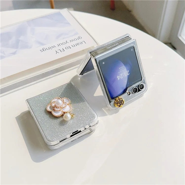 For Samsung Galaxy Z Flip5 5G Case Pearl Pendant Camellia Decor PC Phone Cover with Glitter Paper