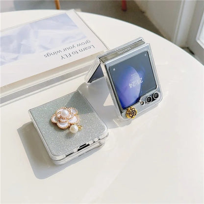 For Samsung Galaxy Z Flip5 5G Case Pearl Pendant Camellia Decor PC Phone Cover with Glitter Paper