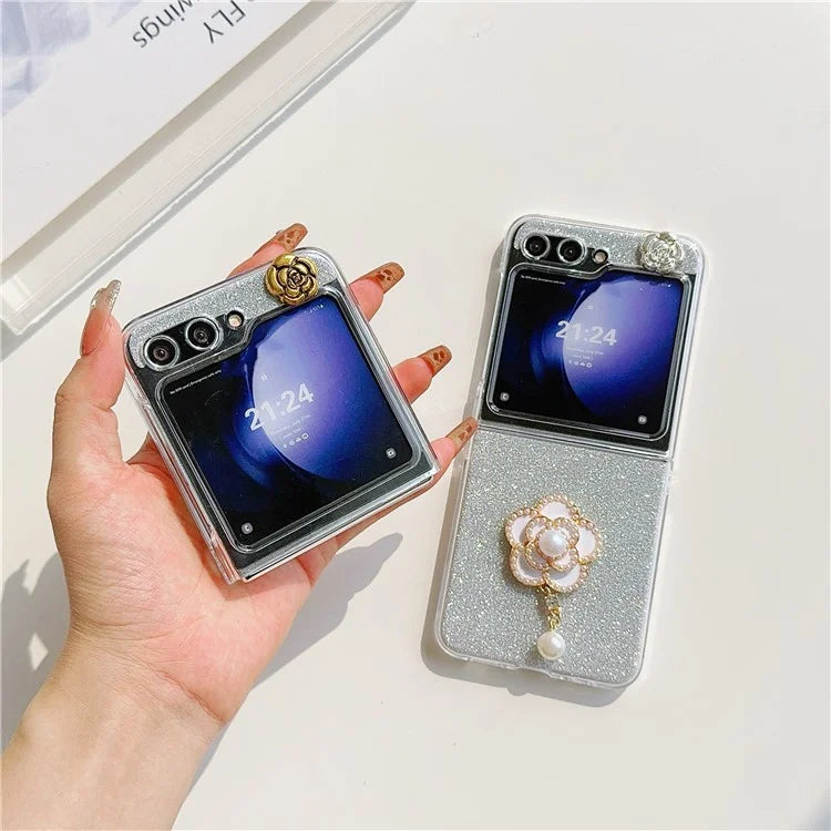 For Samsung Galaxy Z Flip5 5G Case Pearl Pendant Camellia Decor PC Phone Cover with Glitter Paper