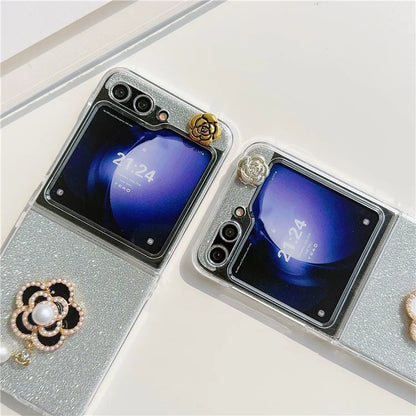 For Samsung Galaxy Z Flip5 5G Case Pearl Pendant Camellia Decor PC Phone Cover with Glitter Paper