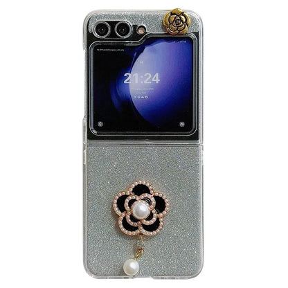 For Samsung Galaxy Z Flip5 5G Case Pearl Pendant Camellia Decor PC Phone Cover with Glitter Paper