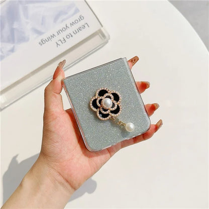 For Samsung Galaxy Z Flip5 5G Case Pearl Pendant Camellia Decor PC Phone Cover with Glitter Paper