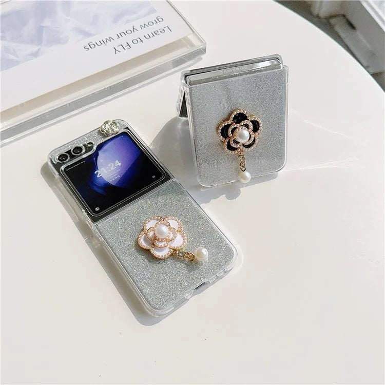 For Samsung Galaxy Z Flip5 5G Case Pearl Pendant Camellia Decor PC Phone Cover with Glitter Paper