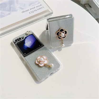 For Samsung Galaxy Z Flip5 5G Case Pearl Pendant Camellia Decor PC Phone Cover with Glitter Paper