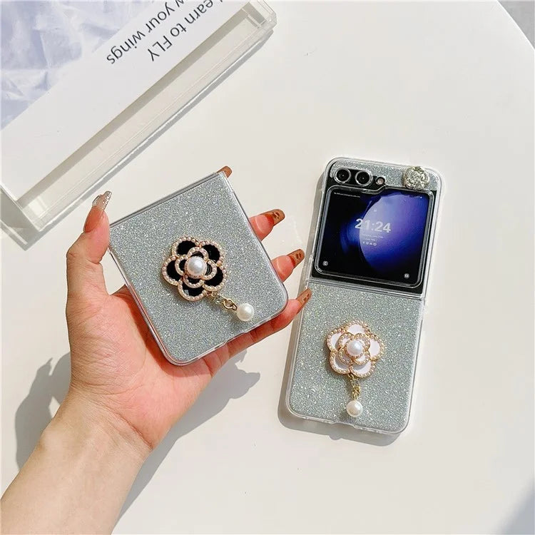 For Samsung Galaxy Z Flip5 5G Case Pearl Pendant Camellia Decor PC Phone Cover with Glitter Paper