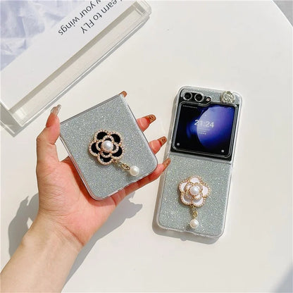 For Samsung Galaxy Z Flip5 5G Case Pearl Pendant Camellia Decor PC Phone Cover with Glitter Paper