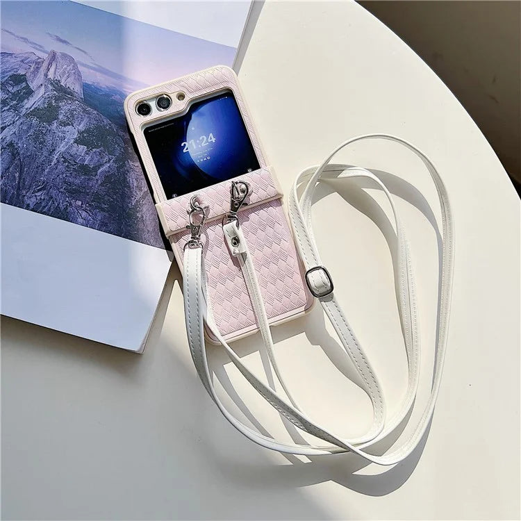 For Samsung Galaxy Z Flip5 5G Case Laser Rhombus Imprinted PU+PC Phone Cover with Crossbody Strap