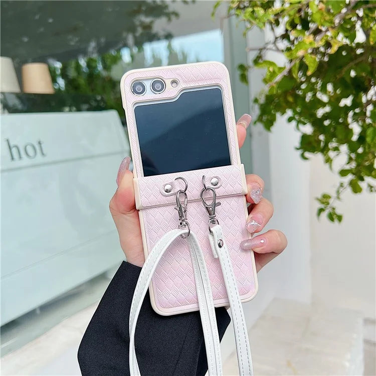 For Samsung Galaxy Z Flip5 5G Case Laser Rhombus Imprinted PU+PC Phone Cover with Crossbody Strap