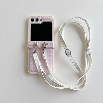For Samsung Galaxy Z Flip5 5G Case Laser Rhombus Imprinted PU+PC Phone Cover with Crossbody Strap