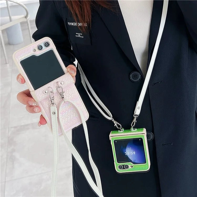 For Samsung Galaxy Z Flip5 5G Case Laser Rhombus Imprinted PU+PC Phone Cover with Crossbody Strap