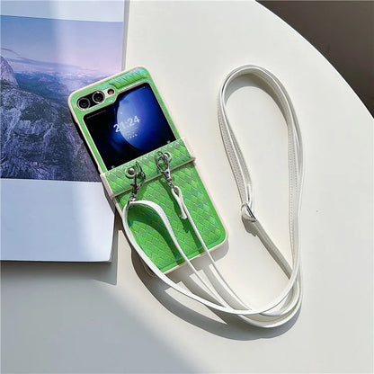 For Samsung Galaxy Z Flip5 5G Case Laser Rhombus Imprinted PU+PC Phone Cover with Crossbody Strap