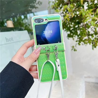 For Samsung Galaxy Z Flip5 5G Case Laser Rhombus Imprinted PU+PC Phone Cover with Crossbody Strap
