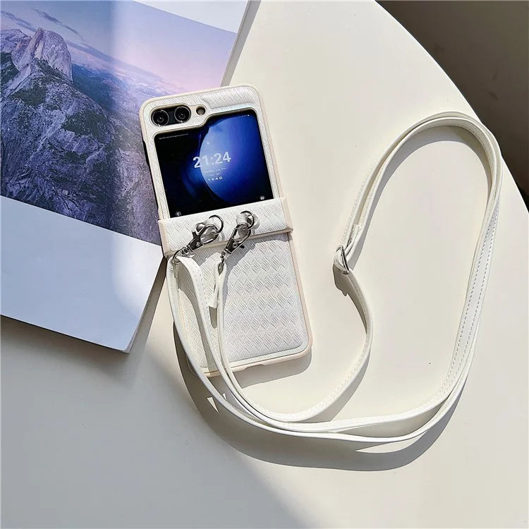 For Samsung Galaxy Z Flip5 5G Case Laser Rhombus Imprinted PU+PC Phone Cover with Crossbody Strap