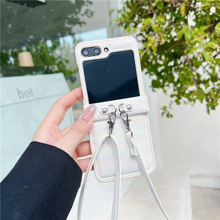 For Samsung Galaxy Z Flip5 5G Case Laser Rhombus Imprinted PU+PC Phone Cover with Crossbody Strap