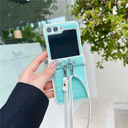 For Samsung Galaxy Z Flip5 5G Case Laser Rhombus Imprinted PU+PC Phone Cover with Crossbody Strap