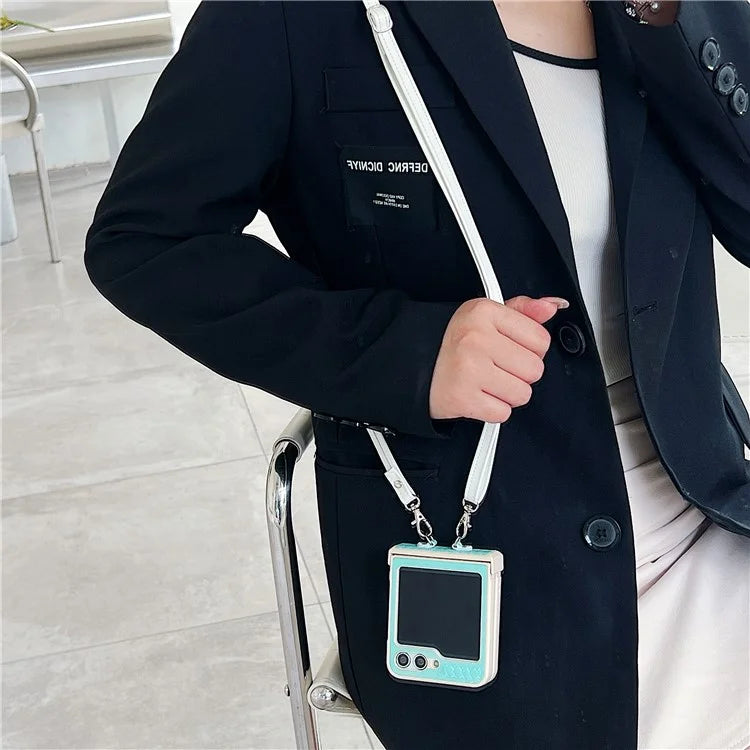 For Samsung Galaxy Z Flip5 5G Case Laser Rhombus Imprinted PU+PC Phone Cover with Crossbody Strap