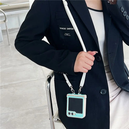 For Samsung Galaxy Z Flip5 5G Case Laser Rhombus Imprinted PU+PC Phone Cover with Crossbody Strap