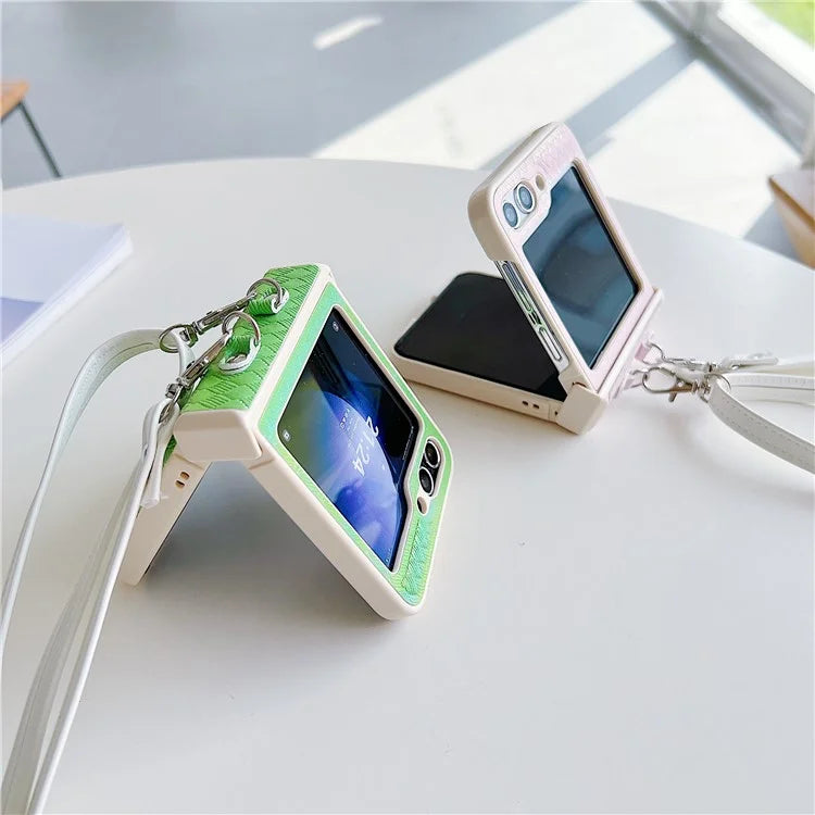 For Samsung Galaxy Z Flip5 5G Case Laser Rhombus Imprinted PU+PC Phone Cover with Crossbody Strap