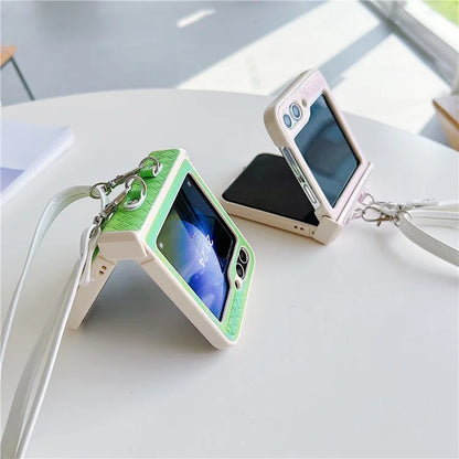 For Samsung Galaxy Z Flip5 5G Case Laser Rhombus Imprinted PU+PC Phone Cover with Crossbody Strap