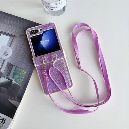 For Samsung Galaxy Z Flip5 5G Case Woven Texture PU Leather+PC Phone Cover with Crossbody Strap