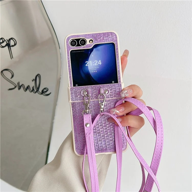 For Samsung Galaxy Z Flip5 5G Case Woven Texture PU Leather+PC Phone Cover with Crossbody Strap