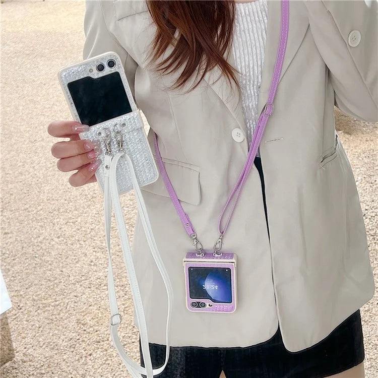 For Samsung Galaxy Z Flip5 5G Case Woven Texture PU Leather+PC Phone Cover with Crossbody Strap