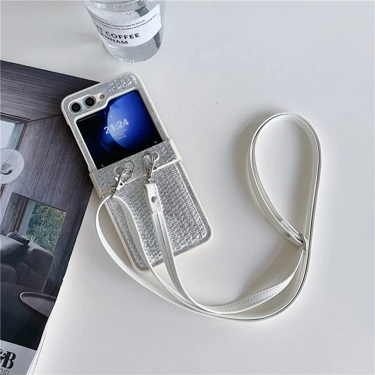 For Samsung Galaxy Z Flip5 5G Case Woven Texture PU Leather+PC Phone Cover with Crossbody Strap