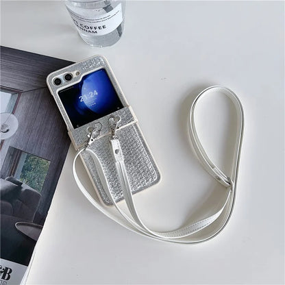 For Samsung Galaxy Z Flip5 5G Case Woven Texture PU Leather+PC Phone Cover with Crossbody Strap