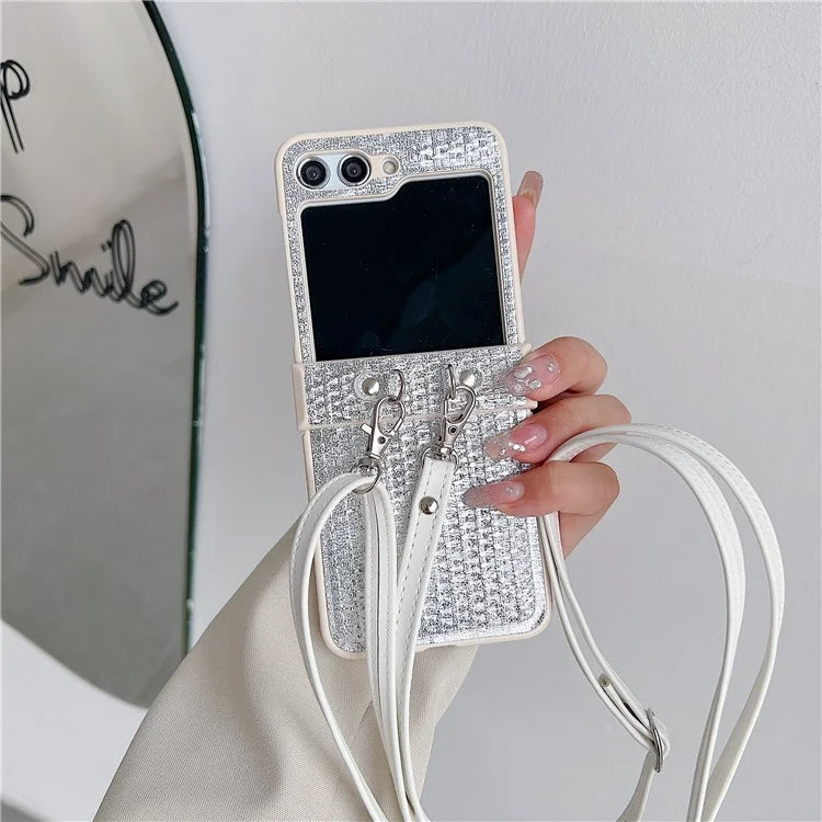 For Samsung Galaxy Z Flip5 5G Case Woven Texture PU Leather+PC Phone Cover with Crossbody Strap