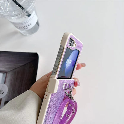 For Samsung Galaxy Z Flip5 5G Case Woven Texture PU Leather+PC Phone Cover with Crossbody Strap