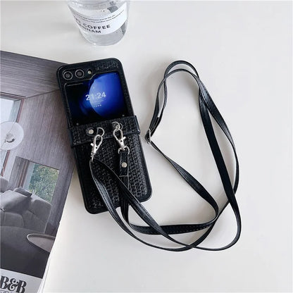 For Samsung Galaxy Z Flip5 5G Case Woven Texture PU Leather+PC Phone Cover with Crossbody Strap