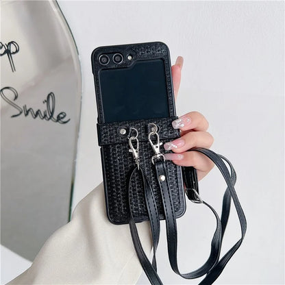 For Samsung Galaxy Z Flip5 5G Case Woven Texture PU Leather+PC Phone Cover with Crossbody Strap