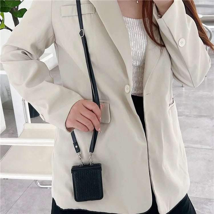 For Samsung Galaxy Z Flip5 5G Case Woven Texture PU Leather+PC Phone Cover with Crossbody Strap