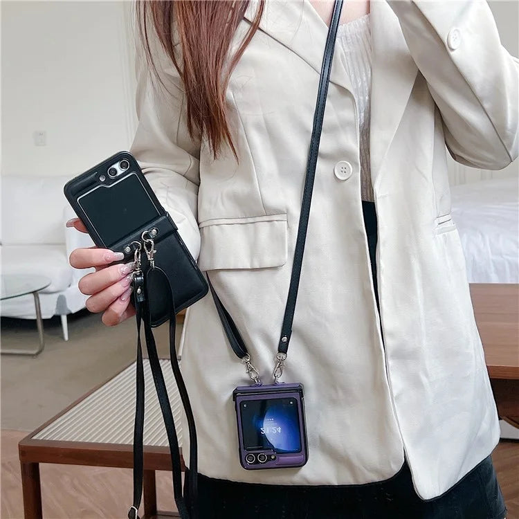 For Samsung Galaxy Z Flip5 5G Case Woven Texture PU Leather+PC Phone Cover with Crossbody Strap