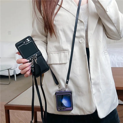 For Samsung Galaxy Z Flip5 5G Case Woven Texture PU Leather+PC Phone Cover with Crossbody Strap