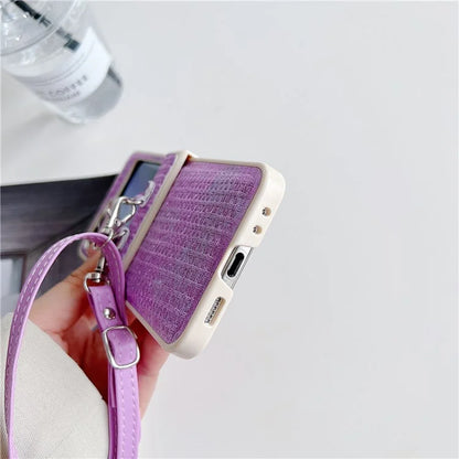 For Samsung Galaxy Z Flip5 5G Case Woven Texture PU Leather+PC Phone Cover with Crossbody Strap
